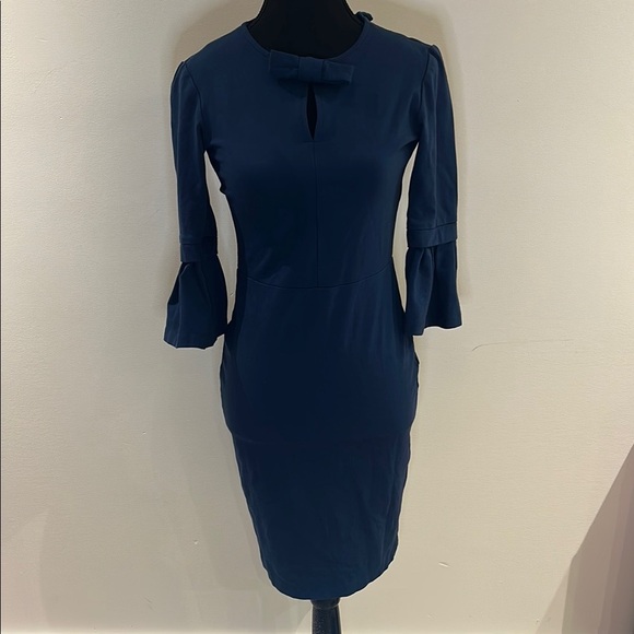 Navy Blue Sheath Dress with Mock Neck and Bell Sleeves for Work - Picture 1 of 12
